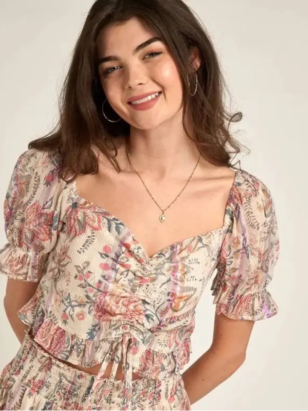 En Crème Ivory, Pink & Blue Puff Sleeve Front Tie Ruffle Too